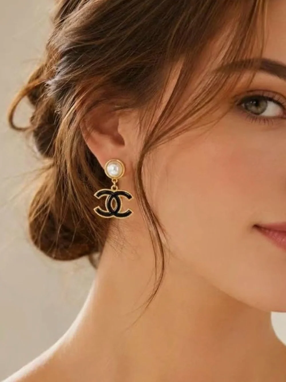 CHANEL Drop Logo Pearl Earrings